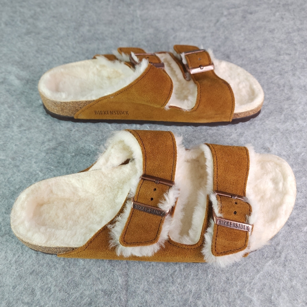 Birkenstock Arizona Shearling-Lined Sandals Mink Suede Natural Shearling 41 10 8 - Picture 4 of 8